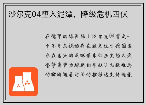 沙尔克04堕入泥潭，降级危机四伏