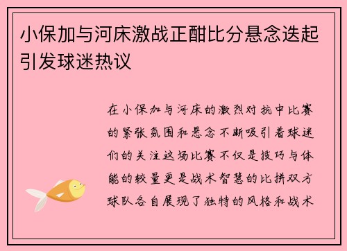 小保加与河床激战正酣比分悬念迭起引发球迷热议